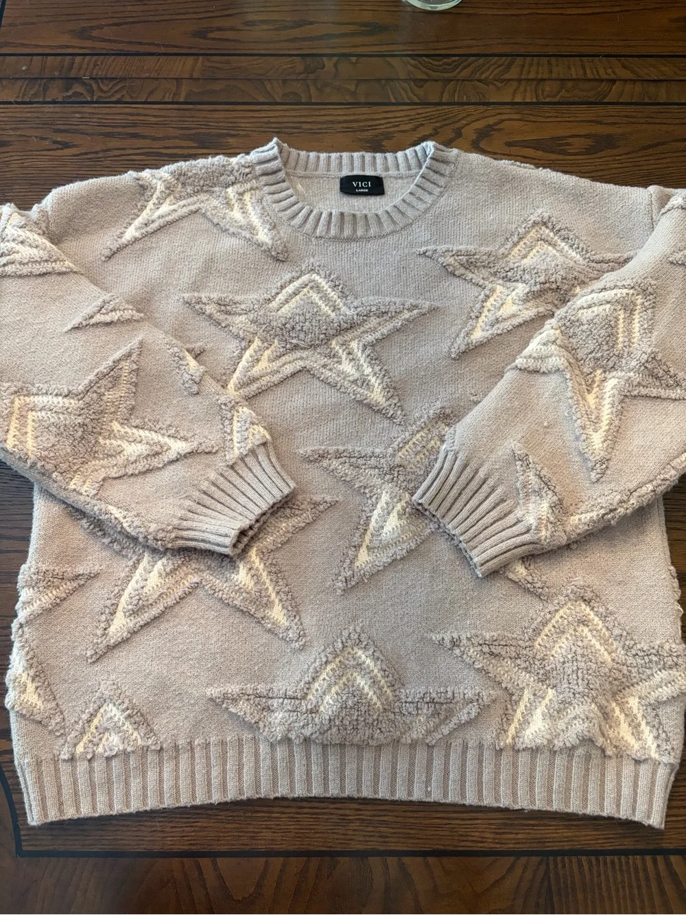 Vici Taupe Star-Detail Oversized Crewneck Sweater